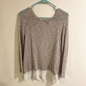 Taupe colored sweater With lace detail. Size medium